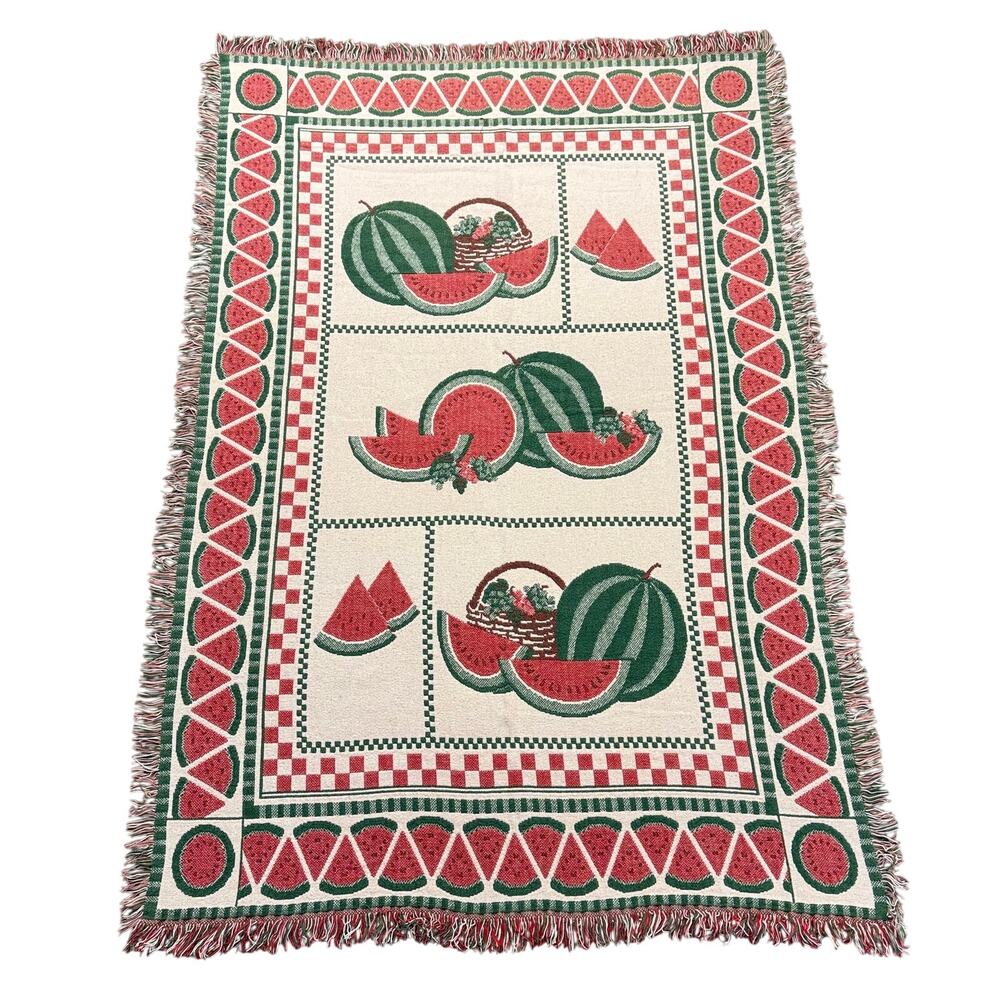 Vintage Watermelon Woven Tapestry Throw Blanket Fringed Summer Fruit 46" x 68"